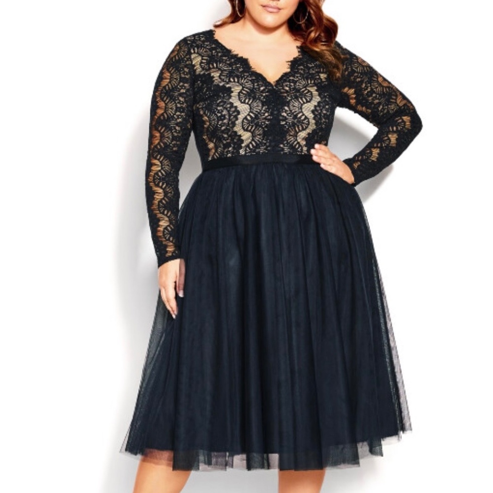 City Chic Black Lace Fit-and-Flare Midi Dress